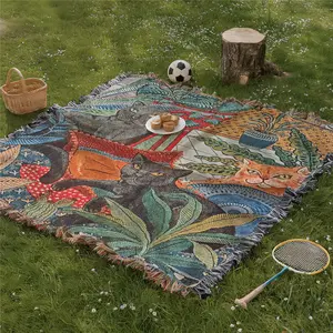 Multi Purpose Picnic Mat Yarn Woven with Tassel: Garden Black Cat Pattern, Soft and Breathable, Suitable for Travel Camping Lawns Weddings Concerts. Indoor Bohemian Decoration Machine Washed and Used As Bed Blanket Sofa Towel Tablecloth Tapestry