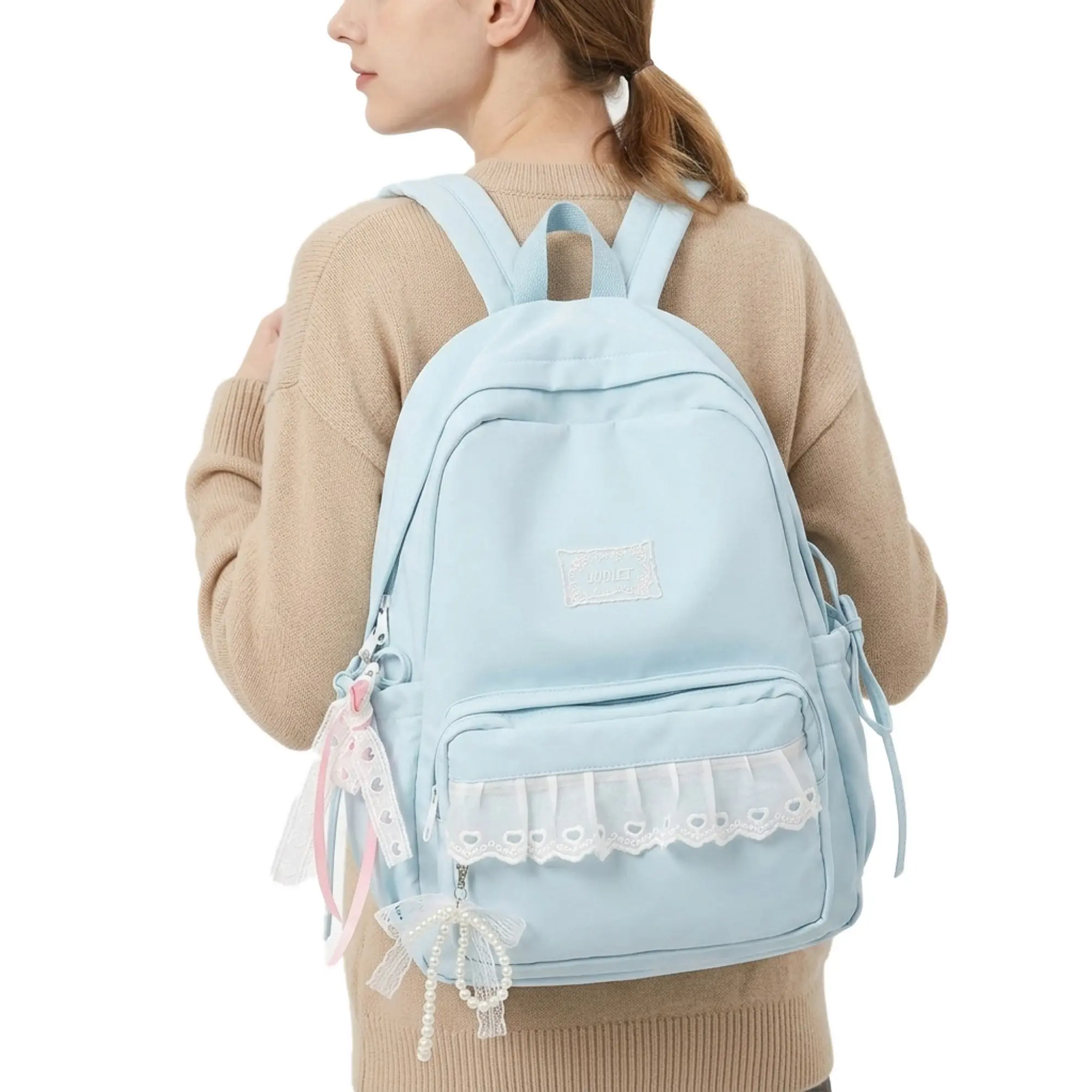 Light Blue Lace Bow Lolita Backpack, Large Capacity Waterproof School Bag, Cute Anime Style Bookbag for Girls, Perfect for Daily Use and Travel