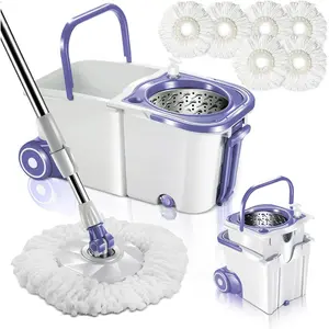 Mastertop spin mop bucket system with wringer set, mop buckets separate clean and dirty water, 360 ° 6psc microfiber spin mops, 51.2 inch stainless steel handle, stackable & easy to store
