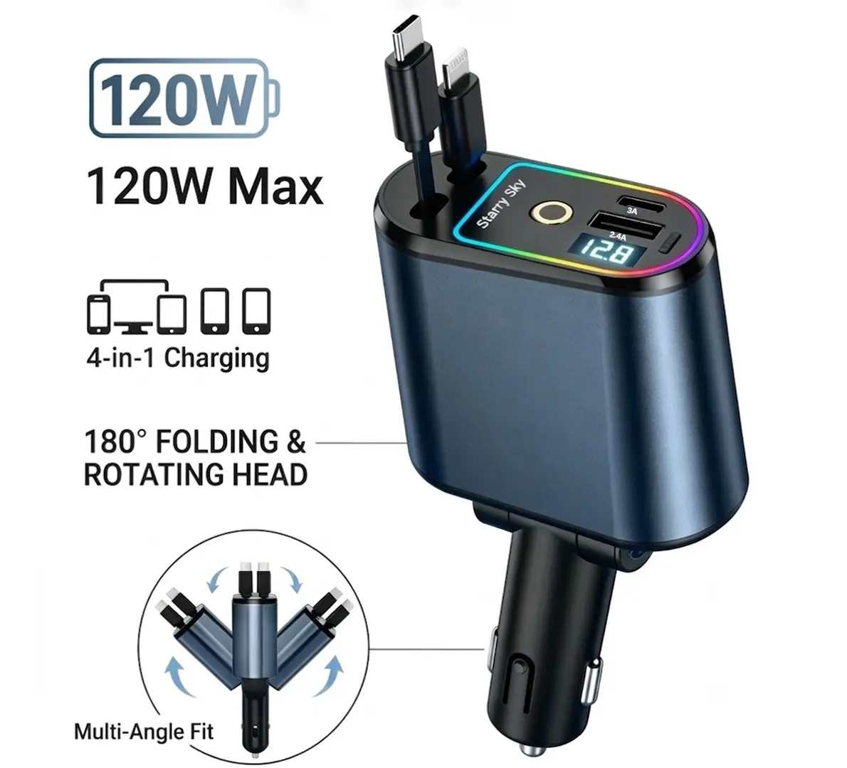 4  in  1  fast  charge Retractable Car Charger Adapter for iPhone 17,4 in 1 Fast Charging Car Phone Charger,120W USB C Car Truck Accessories,Road Trip Essentials Gift for Men Women for iPhone 17 Pro Max/16/15/14/13/12,Galaxy