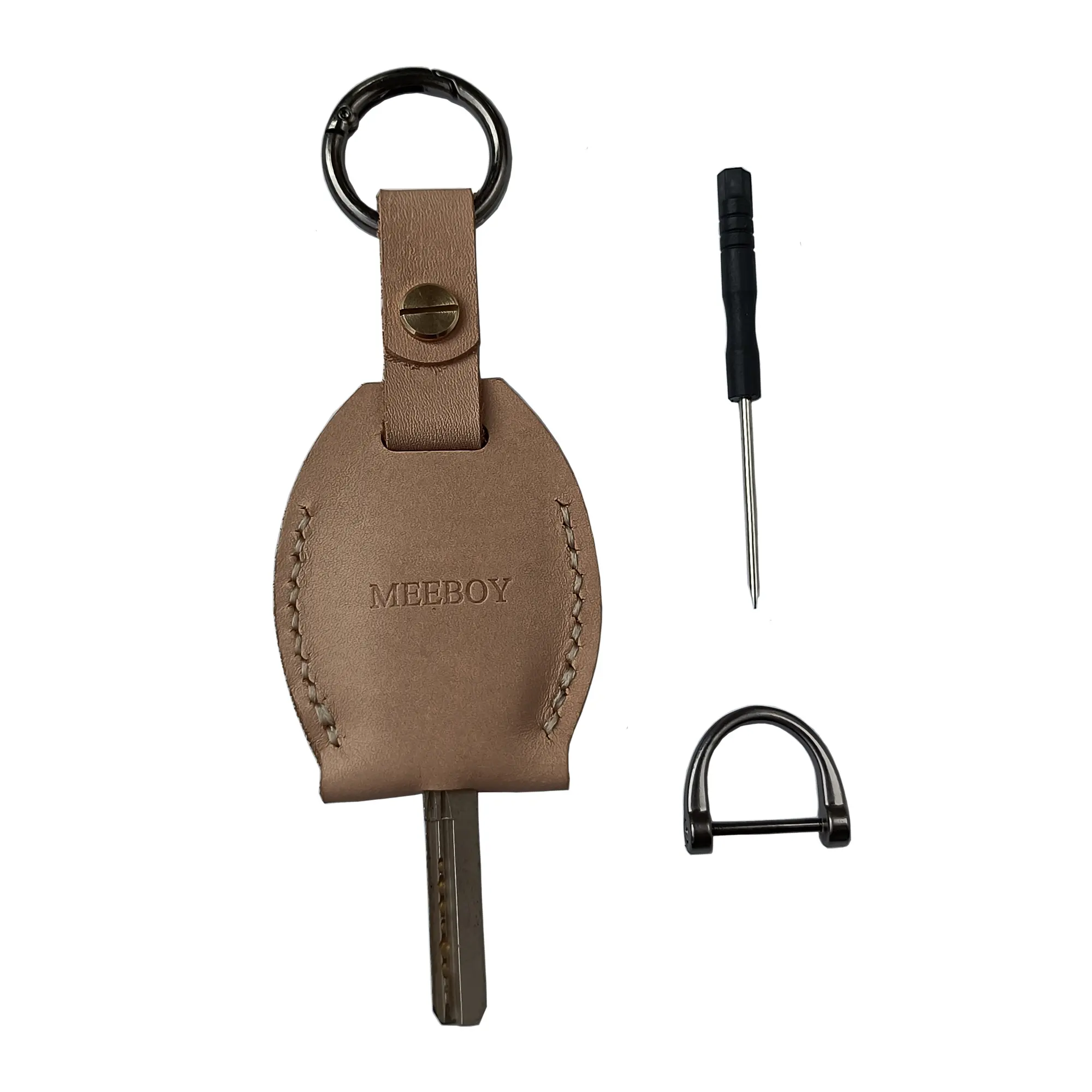 MEEBOY Unisex Handmade Cowhide Leather Key Holder - 5.5cm x 12.5cm Vegetable Tan Copper Stylish Keyring, Multi-Purpose Keys Holder with Large-Capacity Screw-Closure Pouch for Coins, Trackers, Handmade Look Gift for Friends, Family, Multifunctional Keychai