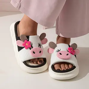 Women's All-Season Indoor Cow Print Linen Slippers Non-Slip Comfortable Home Footwear Adorable Functional Loungewear