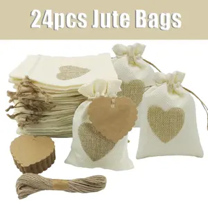 24-Pack Mini Jute Drawstring Bags for Wedding Favors Parties Jewelry with Drawstring and Heart Shape Gift Tags Party Favor Bags
