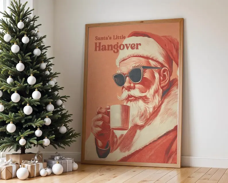 Santa’s Little Hangover Poster - Funny Christmas Wall Art - Retro Holiday Bar Decor Print