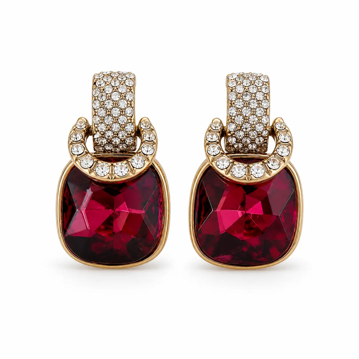 Women's Vintage Burgundy Faceted Drop Earrings - Gold-Tone Rhinestone Statement Jewelry for Evening Parties