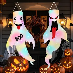2Pcs 47" Halloween Ghost Windsocks Decorations with LED Light Outdoor Halloween Decorations Hanging Ghost Windsocks Décor for Halloween Colorful Gifts