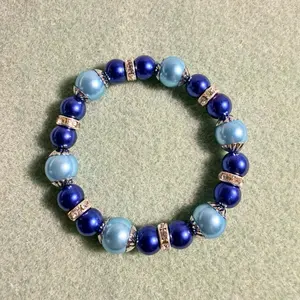 Handmade Ocean Vibes Pearl-Style Beaded Stretch Bracelet Measures 6.5in with Elegant Royal Blue and Light Blue Beads