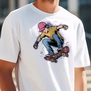 Skateboarding Graphic T-Shirt for Men - White Cotton Tee with Skateboarder Design - Comfortable & Stylish Skatewear