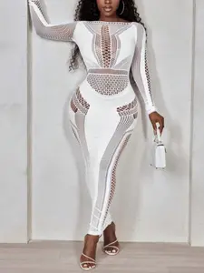 Women's White Hollow Out Dress - Formal Beach Wear, Long Sleeve, Minimalist Design, Summer Basic Sundress for Pool Party & Casual Outfits Chic Womenswear Clothes Style