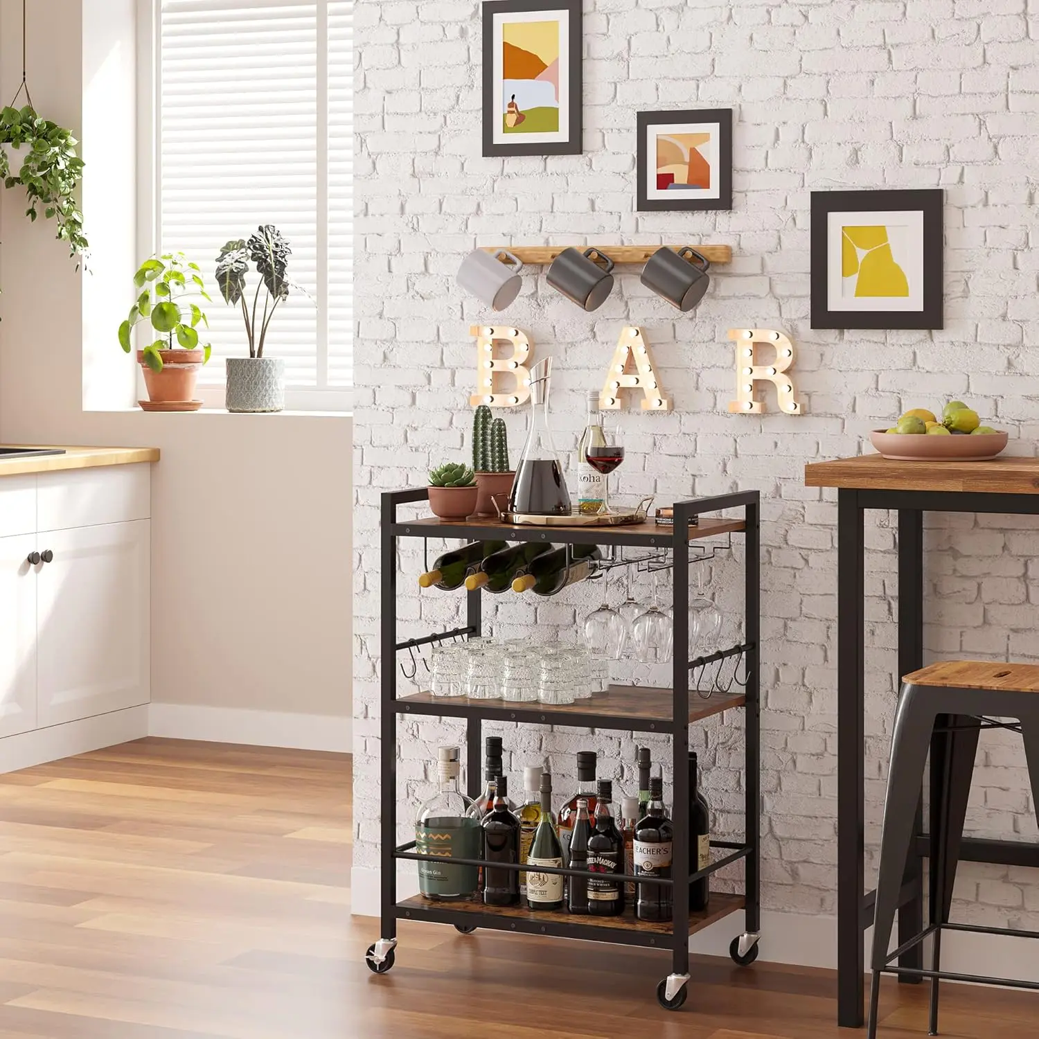 Bar Cart, Serving Cart for Home, Microwave Cart, Drink Cart, Mobile Kitchen Shelf with  Rack and Glass Holder, Rolling Beverage Cart BC01BB030