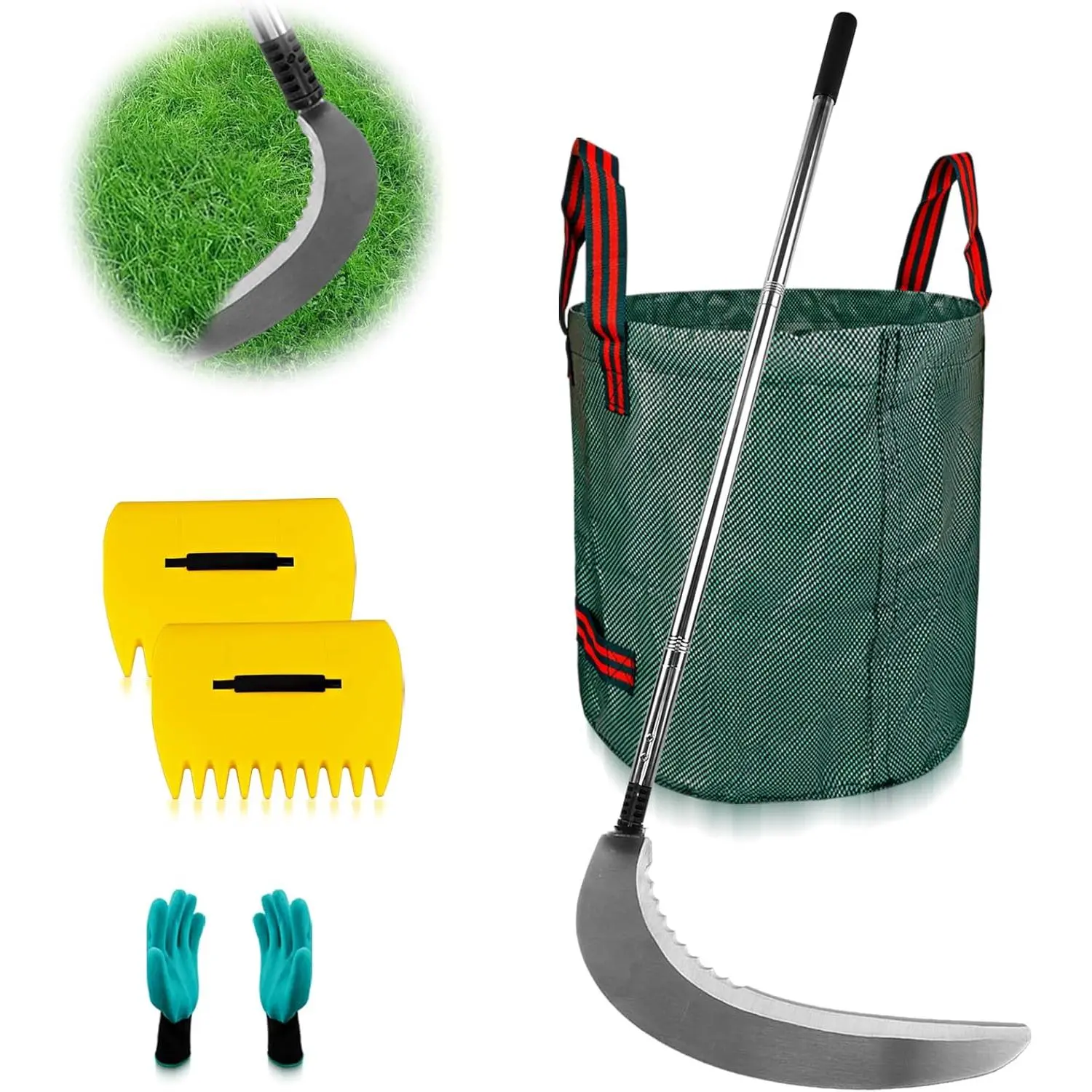 Sickle Garden Tool Set, Long Handle Weeding Sickle with Serrated Double-Edged Blade, Grass Sickle Stand Up Weeding Tool with 2 Pack Leaf Scoops, 16 Gallon Lawn Bag with Gardening Gloves for Yard