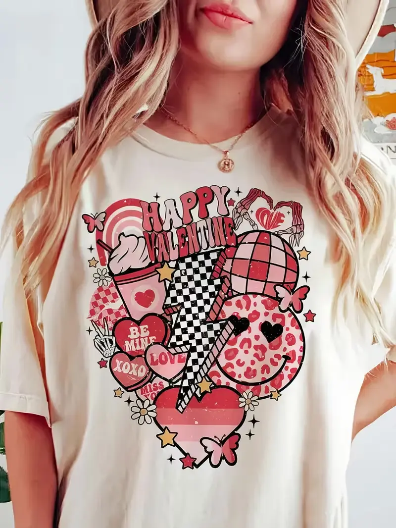 Women's Valentine's Day Graphic Print T-Shirt - Short Sleeve Crew Neck Casual Top with Hearts, Stars & Checkered Design, Soft Breathable Fabric for Spring & Summer, Machine Washable, Valentine's Day Outfit, Playful Design Shirt