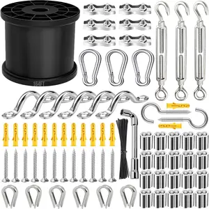 164FT Black Vinyl-Coated 304 Stainless Steel  - Heavy Duty String Lights Hanging Kit with Turnbuckle, Thimble & Hooks for Outdoor, Patio, Garden, Christmas Lights