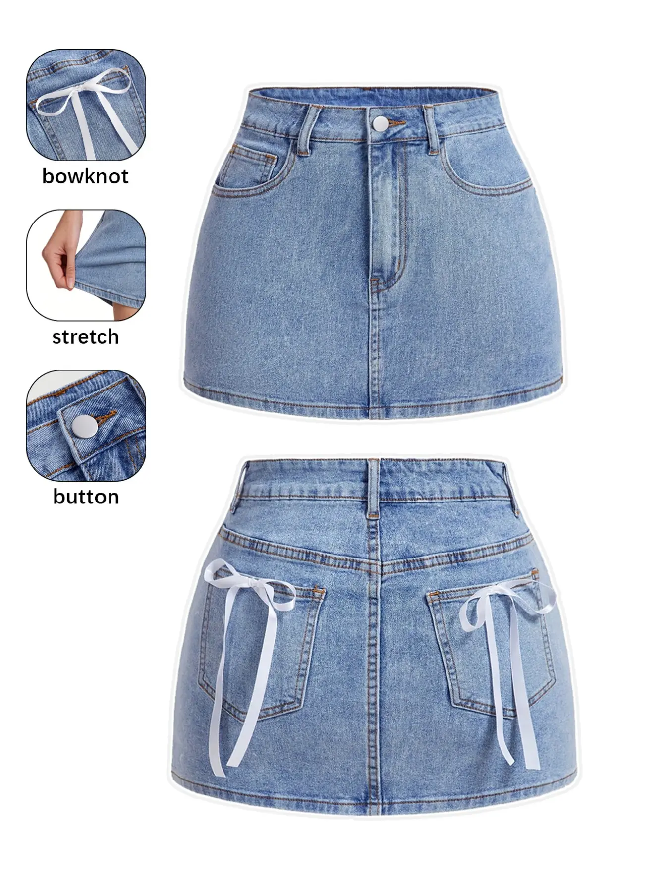 Women's A-Line Light Wash Denim Mini Skirt, Pockets & Bow Tie Design, Slim Fit Elastic Fabric, Perfect for Party & Casual