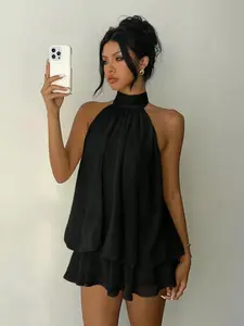 Women's American Style Halter Neck Backless Top, Double Layer Ruffle Drop Shoulder Loose Sleeveless Shirt, Casual Fashion Blouse
