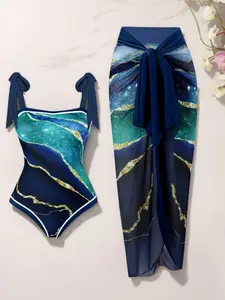 Women's Colorblock Print One-piece Swimsuit & Cover Up Skirt Set, Casual Fashion Swimwear Set for Beach Holiday Vacation, Ladies Swimsuit for All Seasons, Swimming, Swimsuit Coverup