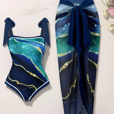 Women's Colorblock Print One-piece Swimsuit & Cover Up Skirt Set, Bathing Suit Cover Up Skirt, Casual Fashion Swimwear Set for Beach Holiday Vacation, Ladies Swimsuit, Swimming, Swimsuit Coverup