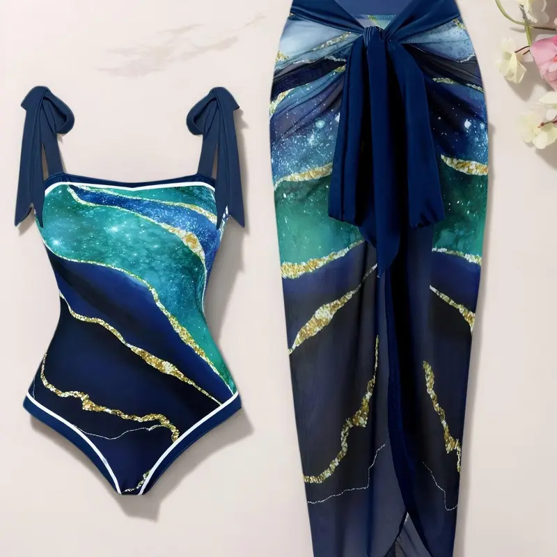 Women's Colorblock Print One-piece Swimsuit & Cover Up Skirt Set, Bathing Suit Cover Up Skirt, Casual Fashion Swimwear Set for Beach Holiday Vacation, Ladies Swimsuit, Swimming, Swimsuit Coverup
