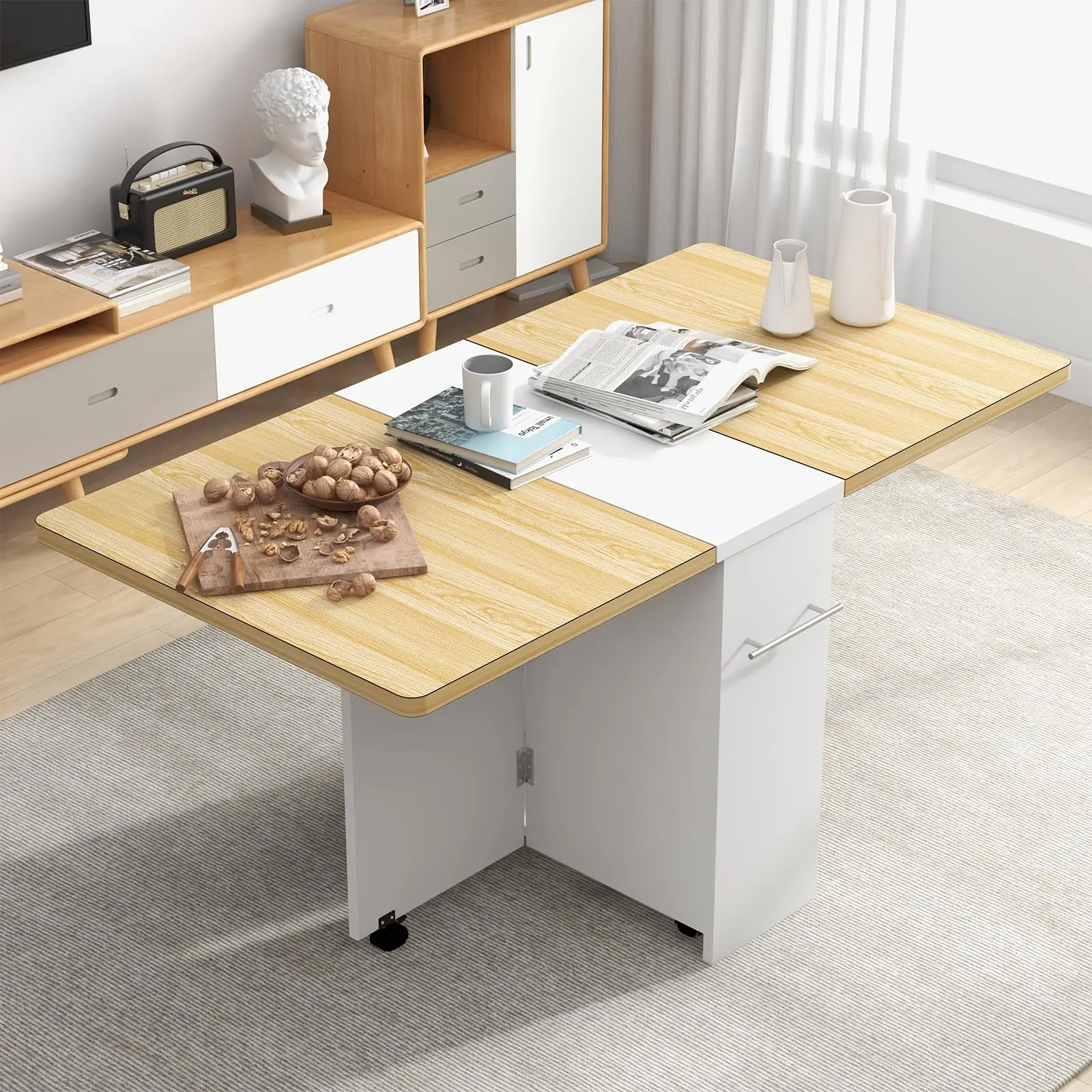 Garvee Space-Saving Folding Dining Table with Drop Leaf, 2-Tier Storage Shelf, 6 Lockable Wheels, Multipurpose Extendable Table for Small Spaces, Apartments, Kitchens, and Work Areas in Walnut and Gray Finishes