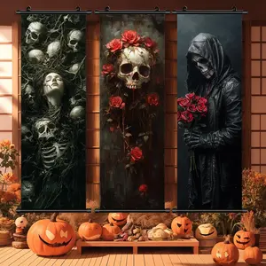 Halloween Hanging Banner, Room Decor Banner, 3 Counts/set Skeleton Girl & Skeleton Gentleman Pattern Wall Art with Gift Box, Halloween Gift, Horror Poster, Halloween Decoration