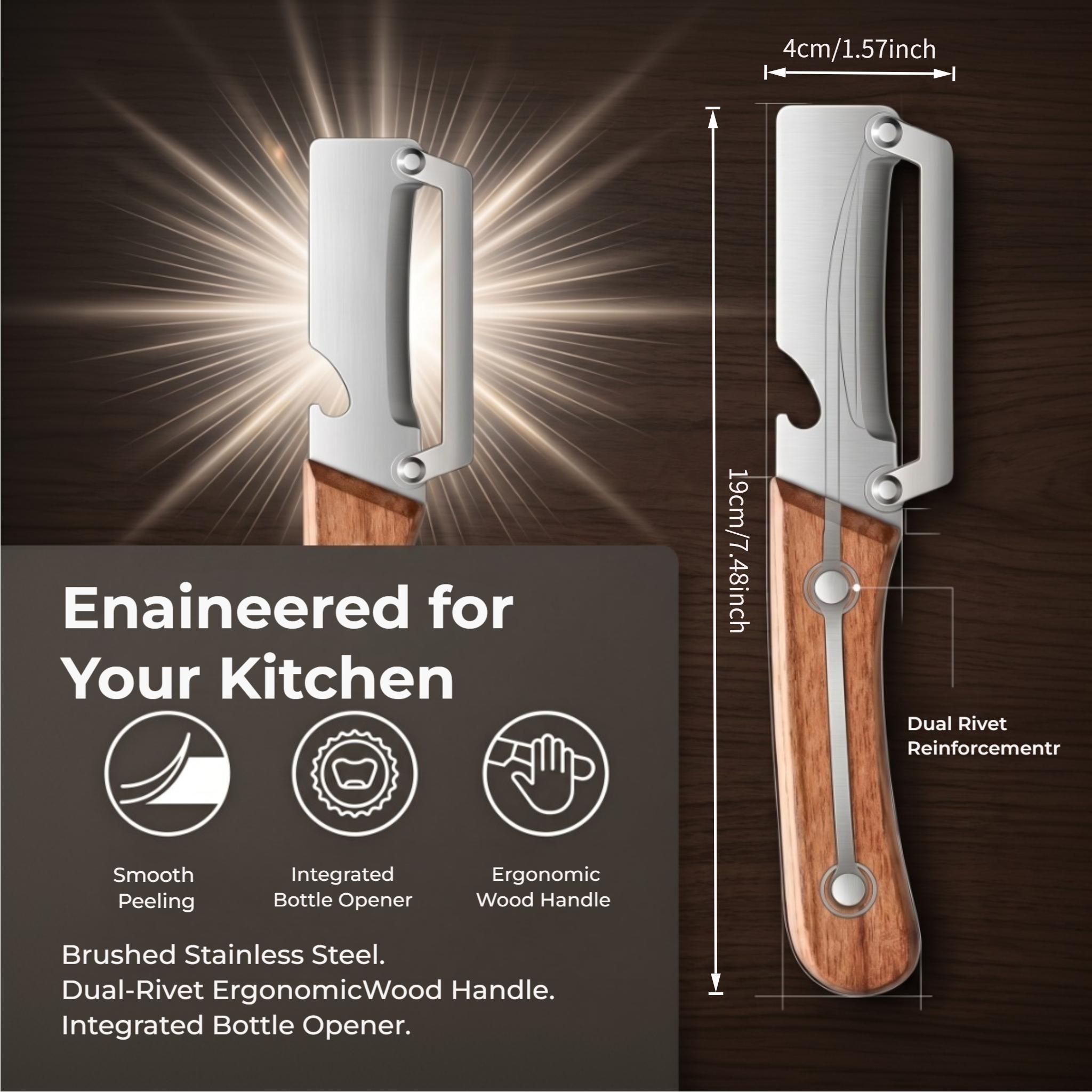 Ergonomic Wood Handle Stainless Steel Vegetable Peeler with Bottle Opener, 2-in-1 Multi-Functional,Heavy Duty for Potatoes, Apples, Pumpkins & All Fruits and Veggies, Your Effortless Kitchen Helper, the Perfect Tool for Fast, Hassle-Free Prep-YYA Ergonomic Wood Handle Stainless Steel Vegetable Peeler with Bottle Opener, 2-in-1 Multi-Functional,Heavy Duty for Potatoes, Apples, Pumpkins & All Fruits and Veggies, Your Effortless Kitchen Helper, the Perfect Tool for Fast, Hassle-Free Prep-YYA