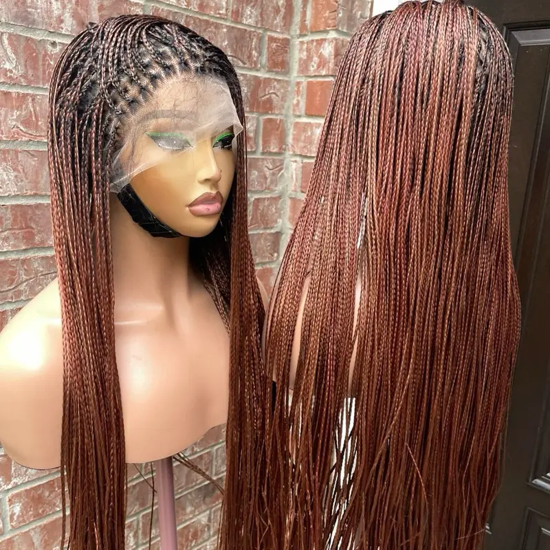 Human Hair Lace Front Wig - 32-Inch Silky Bone Straight Knotless Braided Wig in a colorful ginger mix Medium: Cap size :21.5 – 22.5”