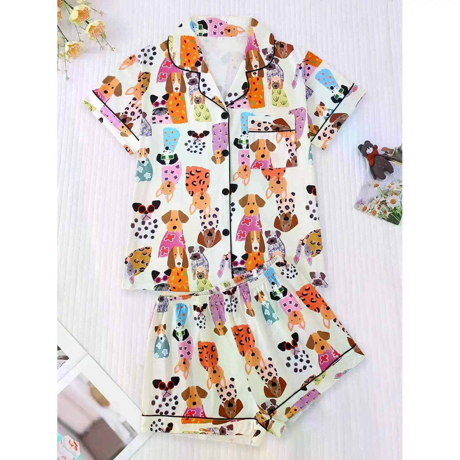 Cartoon Animal Dog Party Full Print Women's Pajama Set - Collared Short Sleeve Cardigan & Loose Elastic Shorts, All-Season Comfort Lounge Sleepwear