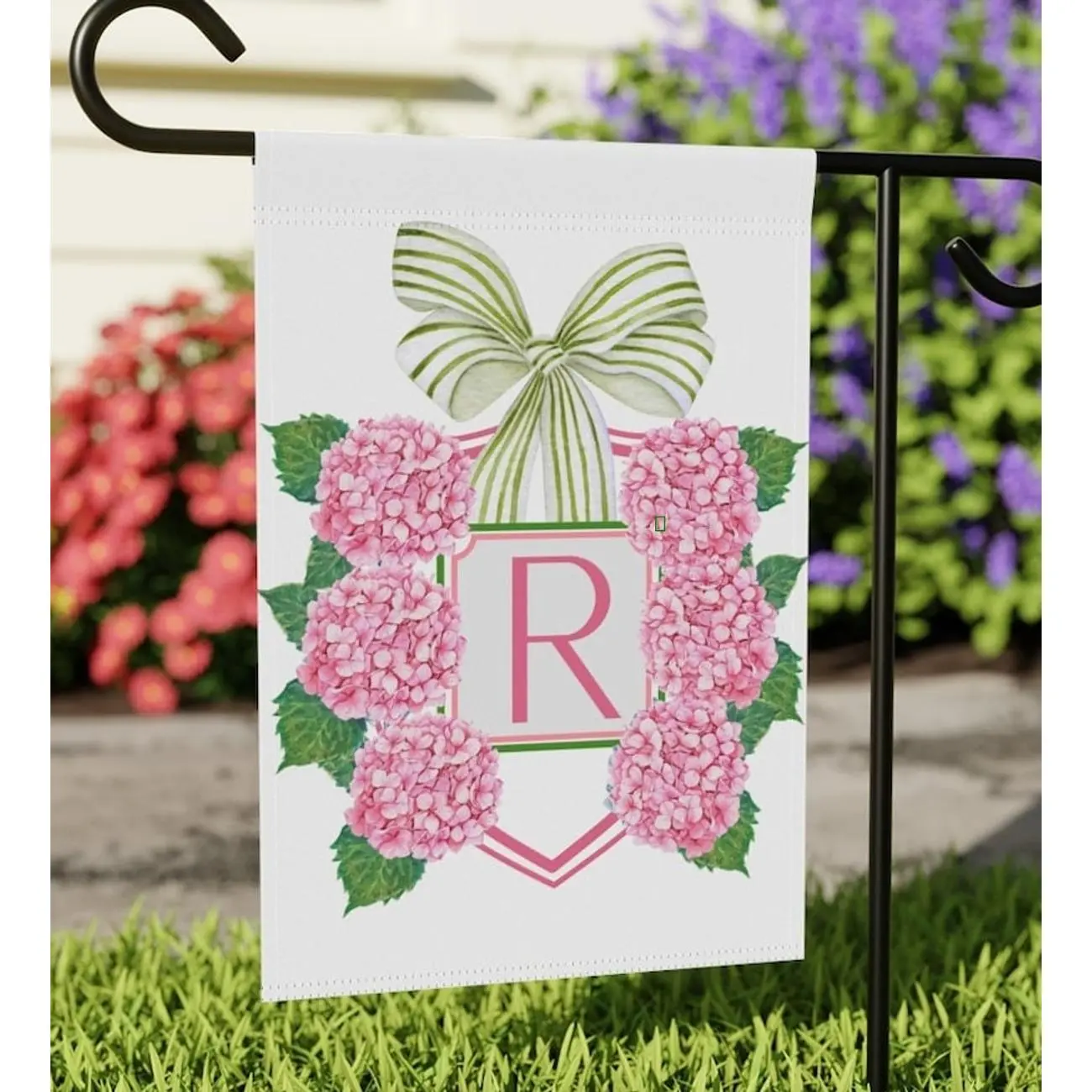 Custom Pink Monogram Garden Flag with Hydrangeas - Preppy Bow Yard Art for Porch Patio Personalized Decor Crest Outdoor Mailbox Banner Gift U7525-3
