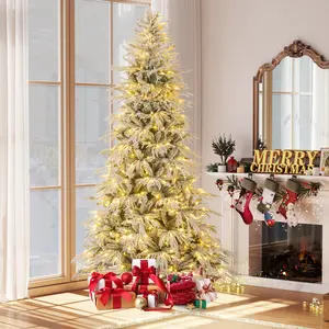 COSTWAY - 8 Feet Snow-flocked Artificial Christmas Tree Pre-lit Hinged Xmas Tree with Warm White LED Lights