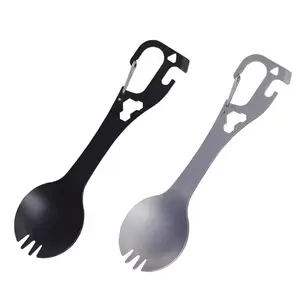 Stainless steel multi-functional outdoor tableware fork and spoon integrated portable camping tableware bottle opener can opener buckle