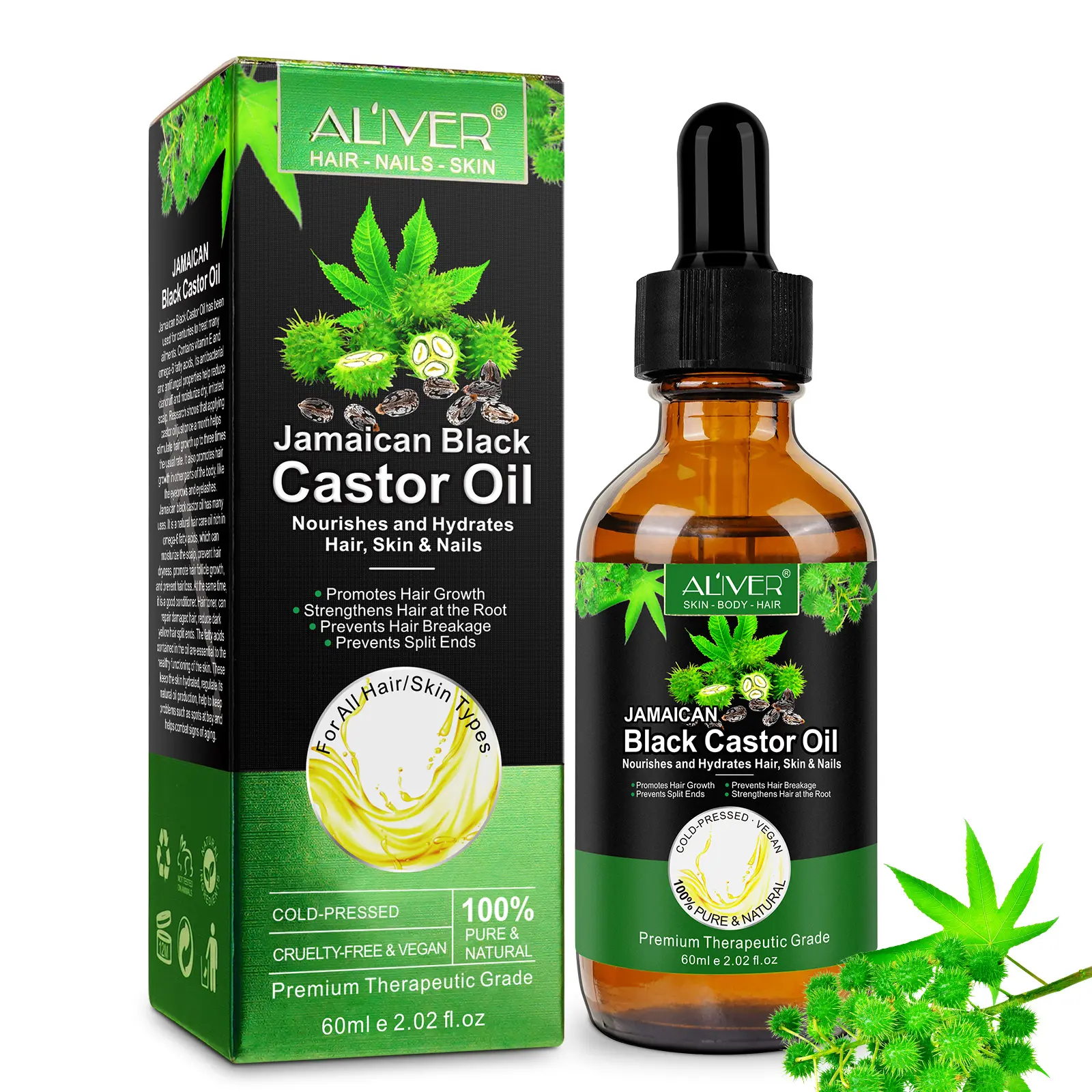 4 Counts, ALIVER Castor Oil 60ml, Comes With Two Brushes, Contains Vitamin E And Omega-6 Fatty Acids, Helps Reduce Dandruff, Moisturize Dry Scalp, Nourish The Scalp, Prevent Hair Dryness, Repair Damaged Hair, And Reduce Split Ends In Dark Yellow Hair.