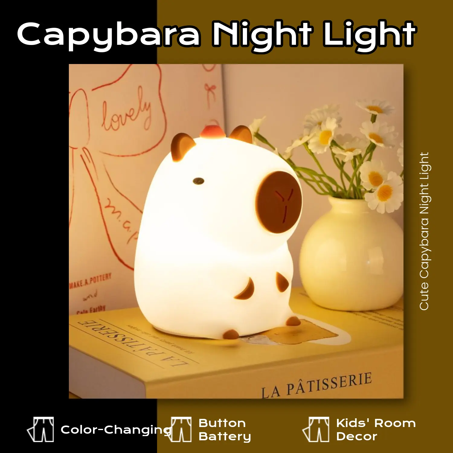 Cute Pet Capybara Night Light, Cute Cartoon Silicone Creative Bedside Sleep Night Lamp, Led Lights Bedroom for Children's Room Decor Birthday Christmas Gift
