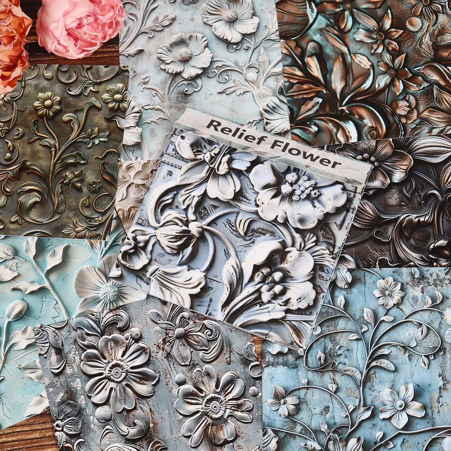 JAIIMAN 12sheets Retro Textures Floral Relief Style Large Size Self-adhesive Scrapbook Sticker, Decorative Stickers, DIY Background Decals, for DIY Landscape Creation, Scrapbooking Supplies, Junk Journals, Wall Decoration
