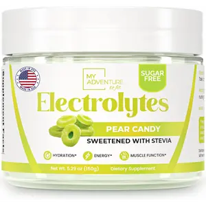 My Adventure to Fit Zero Sugar Pear Candy Electrolytes Powder - Refreshing Hydration & Caffeine-Free Energy - Vegan Keto Paleo - Natural Electrolyte Drink Mix with Stevia - 30 Servings - Probiotic Blend Supplement