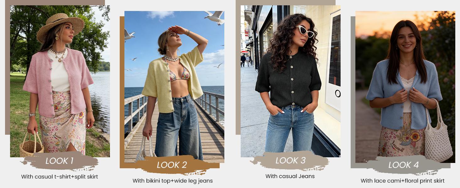 Tanming Women's Short Sleeve Cardigan Sweater - Crew Neck, Soft Ribbed Knitting Fabric, Button-Down, Fitted, Lightweight Breathable Clothes for Casual Office, Spring Summer Layering Cover Up (Women's Tops) #SpringStatements