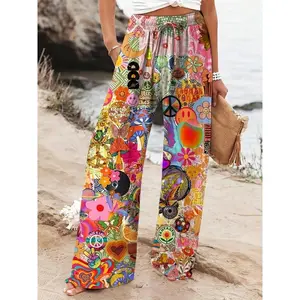 [Retro Hippie Pants] Bohemian Fashion Women's Straight Leg Pants | Retro Hippie Peace and Love Fruit and Vegetable Digital Print, Adjustable Belt, Machine Washable, Comfortable Fabric, Breathable Material, Loose Fit, Four Seasons Casual Pants