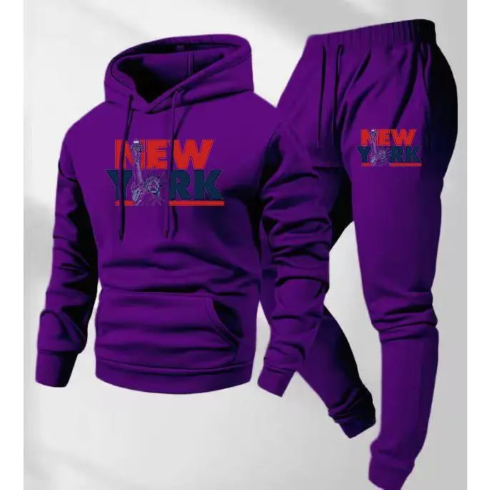 Men's New York letter print hoodie and drawstring track pants set, men's casual sportswear, long-sleeved hooded jacket and pants, suitable for autumn and winter, men's everyday wear, indoor and outdoor sportswear, sportswear set.