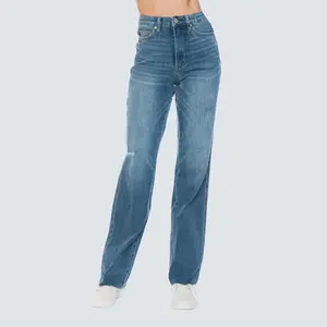 Judy Blue Women's Full-Size High Waist Tummy Control Straight Leg Denim Jeans Raw Cut Hem, Basic Casual Stretchy Spandex Smoother Womenswear Pants