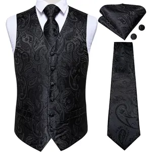DiBanGu Mens Vest and Tie Set Formal Paisley Waistcoat and Necktie Pocket Square Cufflinks Silk Suit Vest for Tuxedo Wedding