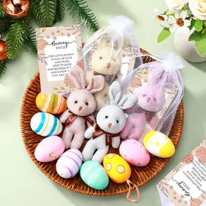 Easter Gift Pack 24 Sets Plush Bunny Keychains, Includes 24 Mini Easter Rabbit Keychains, Cards, Transparent Bags, Holiday Party Gifts