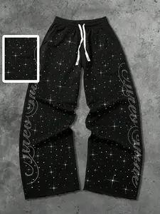 American Street Style Star Rhinestone Wide Leg Sweatpants, Drawstring Waist, Loose Fit, Trendy Streetwear for All Seasons