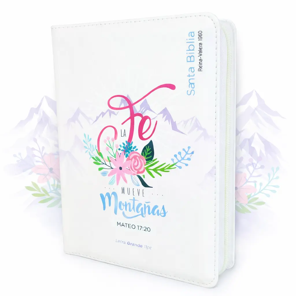 Biblia con Cierre Compacta Letra Grande 11 puntos RV1960 imit piel blanco con indice y canto floral - Mateo 17:20