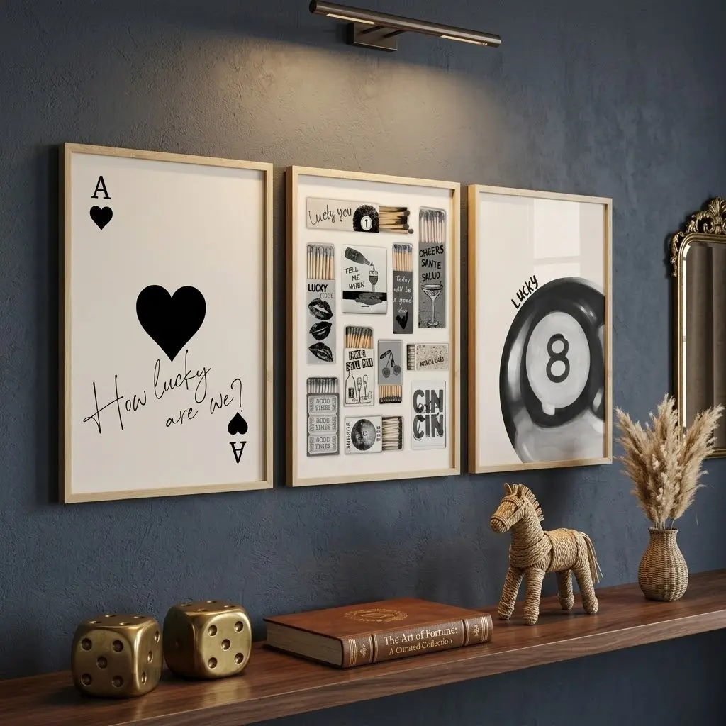 Vintage Matchbox Print Trendy How lucky Are We Print Set Of 3 Lucky You Retro Matchbook Art Vintage Pool Ball Funky Black Aesthetic Print