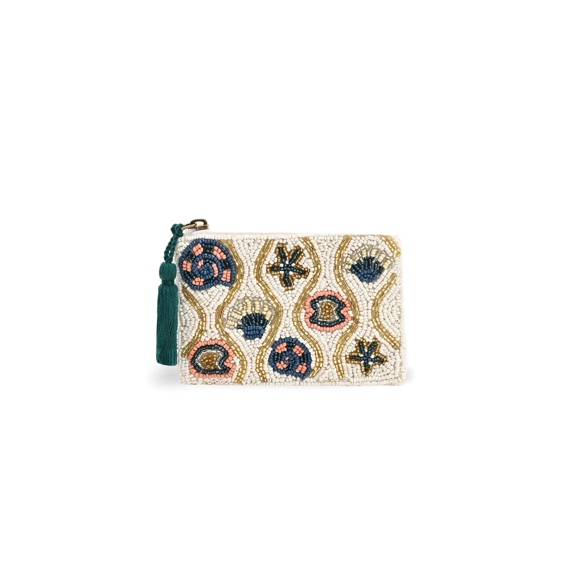 America & Beyond Coastal Shell Beaded Pouch – Handcrafted Ocean-Inspired Zip Coin Purse with Tassel, Beach Card Holder & Mini Travel Pouch, 5" x 3.5"