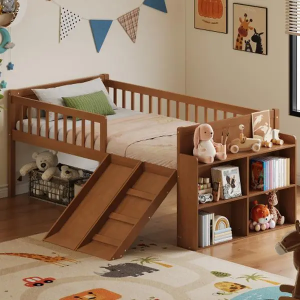 [Bellemave]Twin Bed Frame with Storage Shelf, Wooden Bed Frame with Slide and Ladder,Platform Twin Size Bed with Guardrail, No Box Spring Needed, Easy Assembly
