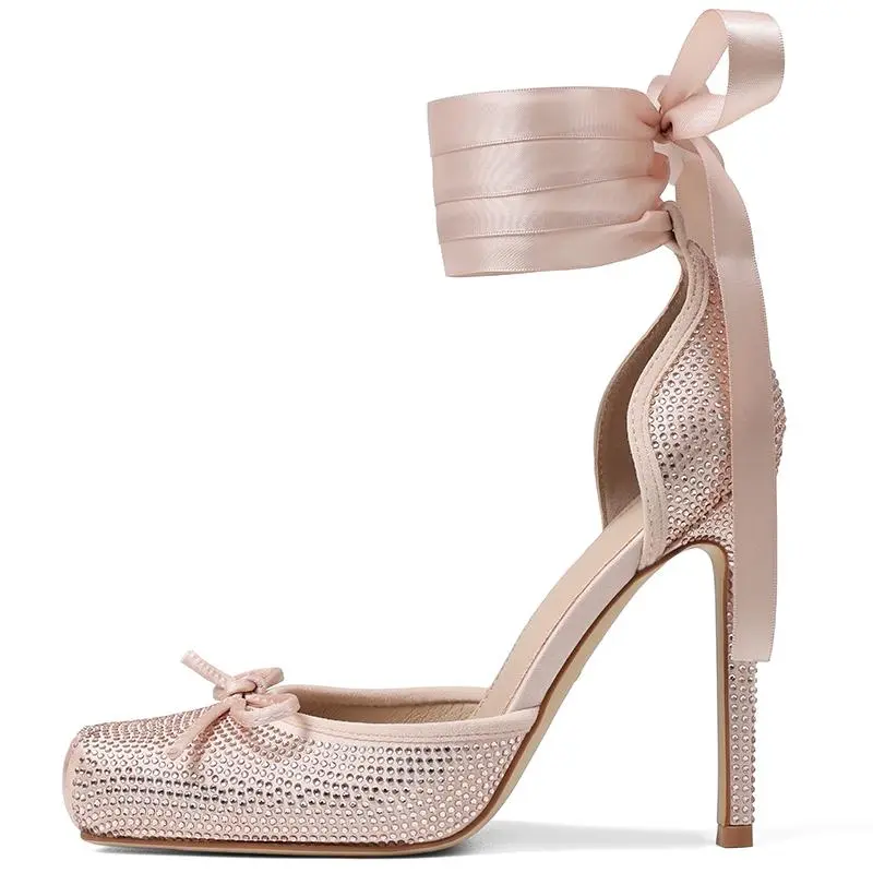 EROCALLI Women's Satin Stiletto Heel Shoes, Elegant Square Toe Ankle Strap Footwear - Ballet Slingback Pumps with Bow Accents, Lace-Up Walking Shoes for Women, Shoe