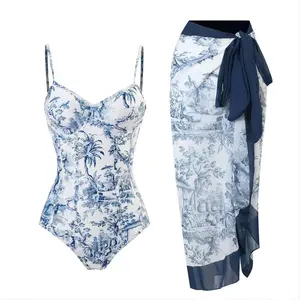 Women’s Blue Printed One-Piece Swimsuit with Matching Cover-Up Skirt, Summer Swim Dress Set in White Beachwear Style,Available in all sizes, including plus size,S-XXXL