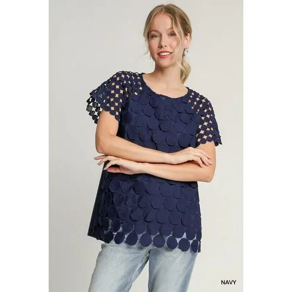 Umgee Full Size Mixed Polka Dot Lace Raglan Sleeve Boxy Cut Top Plus Size