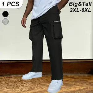 Plus Size (2XL–6XL) Men’s Cargo Straight-Leg Casual Pants, side zipper pocket design, extra-wide fit, adjustable elastic waistband with drawstring, suitable for everyday wear at home and outdoor leisure activities.