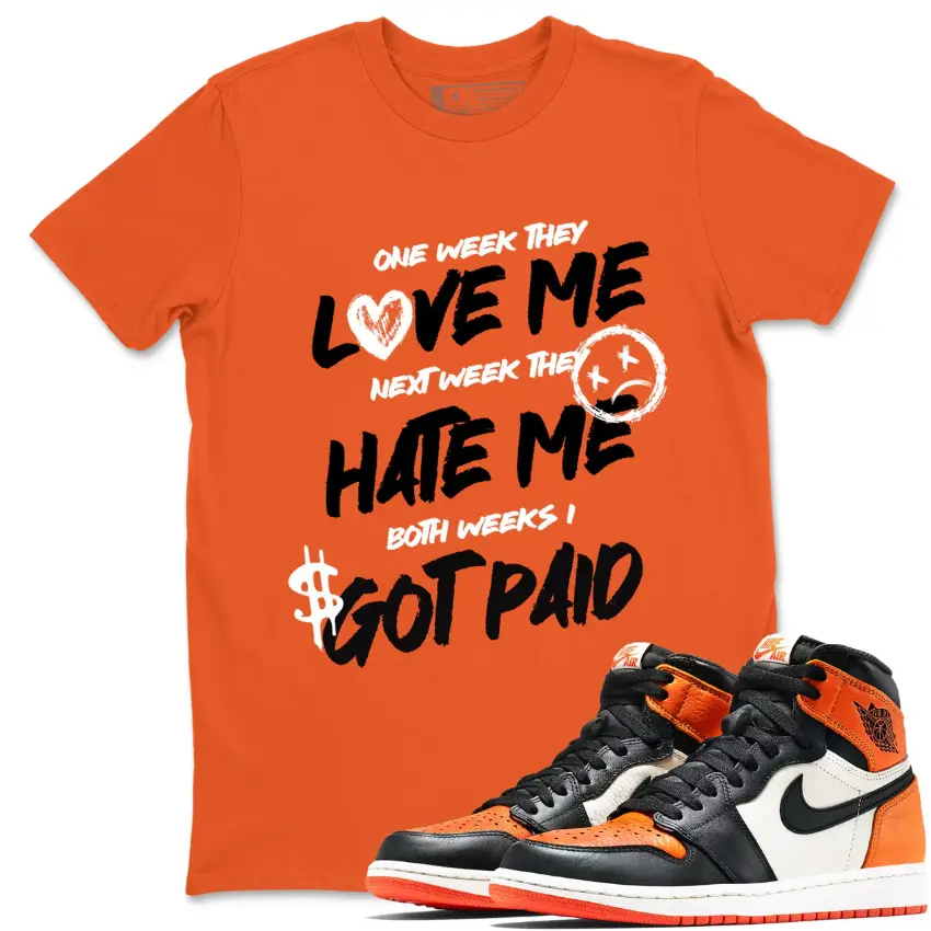 Love Me Graphic Tee Matching AJ 1 Shattered Backboard Sneaker, Jordan 1 Shattered Backboard Shirt, Orange Black Outfit, Classic Fit, All Seasons